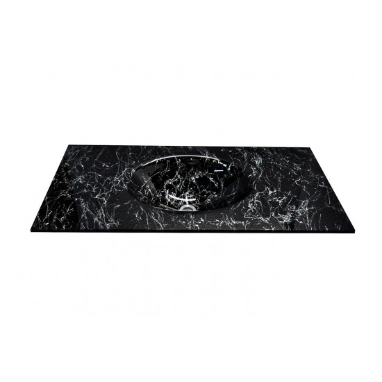 Cam Lavabo Mermer Desen Siyah Beyaz 100x56 cm - Desenli Cam Lavabo Modelleri