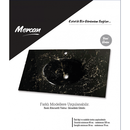 Cam Lavabo Mermer Desen Gold Siyah 100x56 cm - Desenli Cam Lavabo Modelleri