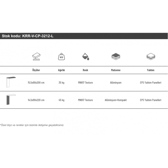 Alüminyum Işıklı Sundurma Viela Compact  200 cm x 90 cm Ledli - Alüminyum Işıklı Sundurma