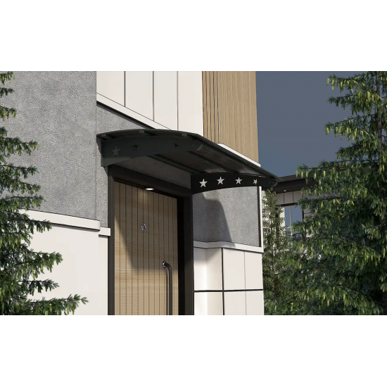 Metal Taşıyıcılı Kapı Üstü Pratik Sundurma Yıldız Modeli Antrasit - Siyah Levha 100 x 100 cm - Metal Taşıyıcı Kapı Üstü Pratik Sundurma