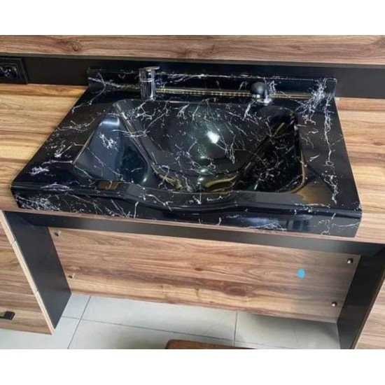 Dökme Akrilik Berber Lavabosu Siyah Gümüş desenli  73x52 cm - Akrilik Lavabo